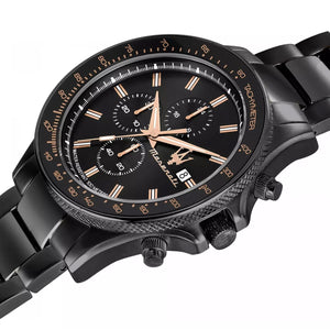 Left angled view of Maserati Sfida Chronograph R8873640011 men's quartz battery watch showing black integrated bracelet and stealth black case profile