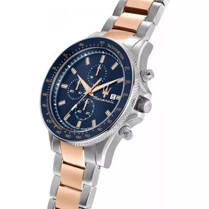 Right angled view of Maserati Sfida Chronograph R8873640012 men's quartz battery watch highlighting two-tone finish and blue bezel details