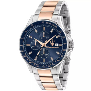 Maserati Sfida Chronograph R8873640012 men's quartz battery watch with blue dial, rose gold-tone chronograph sub-dials, blue tachymeter bezel, two-tone silver and rose gold case and integrated stainless steel bracelet main view