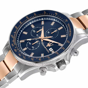 Luxury watch with blue dial and rose gold accents