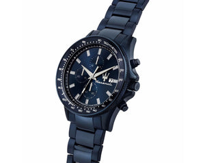 Detailed view of blue-tone crown and pushers on Maserati Sfida R8873640023 men's quartz battery watch with blue dial