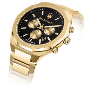 Right angled view of Maserati Stile Chronograph R8873642001 men's quartz battery watch highlighting gold finish and gold octagonal bezel details