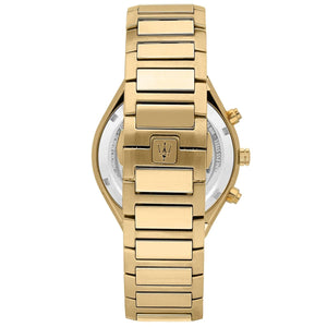 Gold-tone hidden butterfly clasp on Maserati Stile Chronograph R8873642001 men's quartz battery gold integrated bracelet watch