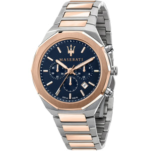 Maserati Stile R8873642002 men's watch with two-tone silver and rose gold octagonal case, blue textured dial, and integrated bracelet