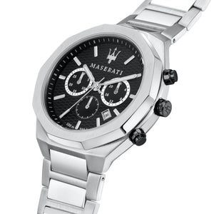 Right angled view of Maserati Stile R8873642004 men's quartz battery watch highlighting silver finish and chronograph details