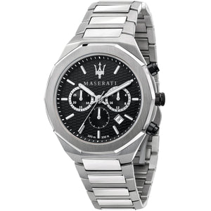 Maserati Stile R8873642004 men's quartz battery watch with black textured dial, silver-tone case, silver stainless steel bracelet main view
