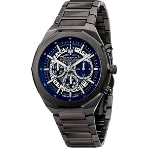 Maserati Stile R8873642012 men's quartz battery watch with blue skeleton dial, gunmetal grey case, gunmetal stainless steel bracelet main view