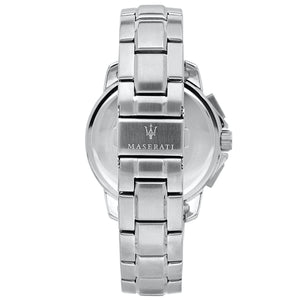 Silver-tone deployment clasp on Maserati Successo Solar R8873645004 solar powered metal bracelet watch