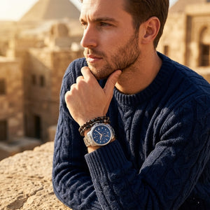 Elegant man wearing Maserati Successo Solar R8873645004 solar powered watch with silver case and luxury blue dial