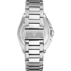 Caseback of Maserati Velocita R8873652001 men's quartz battery watch showing technical specs 50m water resistance and metal bracelet