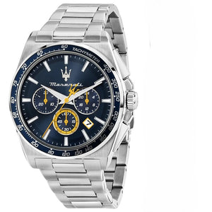 Maserati Velocita R8873652001 men's quartz battery watch with blue racing dial, silver-tone case, blue bezel, silver stainless steel bracelet main view