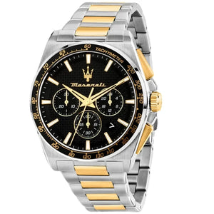 Maserati Velocita R8873652003 men's quartz battery watch with black textured dial, silver and gold-tone case, two-tone stainless steel bracelet main view