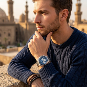 Elegant man wearing Maserati Velocita R8873652005 men's quartz battery watch with silver-tone case and luxury blue dial