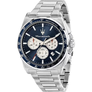 Maserati Velocita R8873652005 men's quartz battery watch with blue dial, white sub-dials, silver-tone case, blue bezel, silver stainless steel bracelet main view