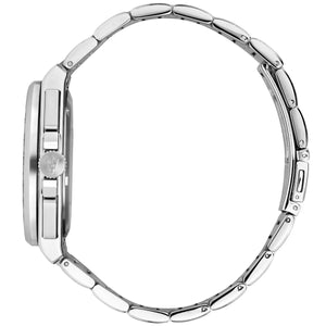 Close-up of a silver watch band on a white background