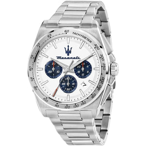 Front view of Maserati Velocità R8873652007 men's watch with white dial, blue chronograph subdials and silver stainless steel bracelet.