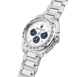 Silver Maserati watch with a white face on a white background