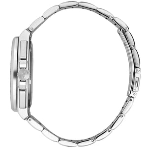 Close-up of a silver watch band on a white background