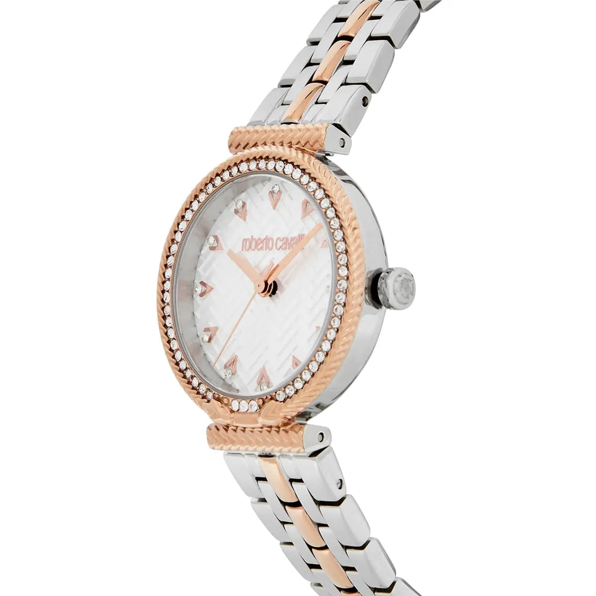 Roberto Cavalli Chiarezza RC5L078M0075 women's watch - silver dial and crystal bezel detail