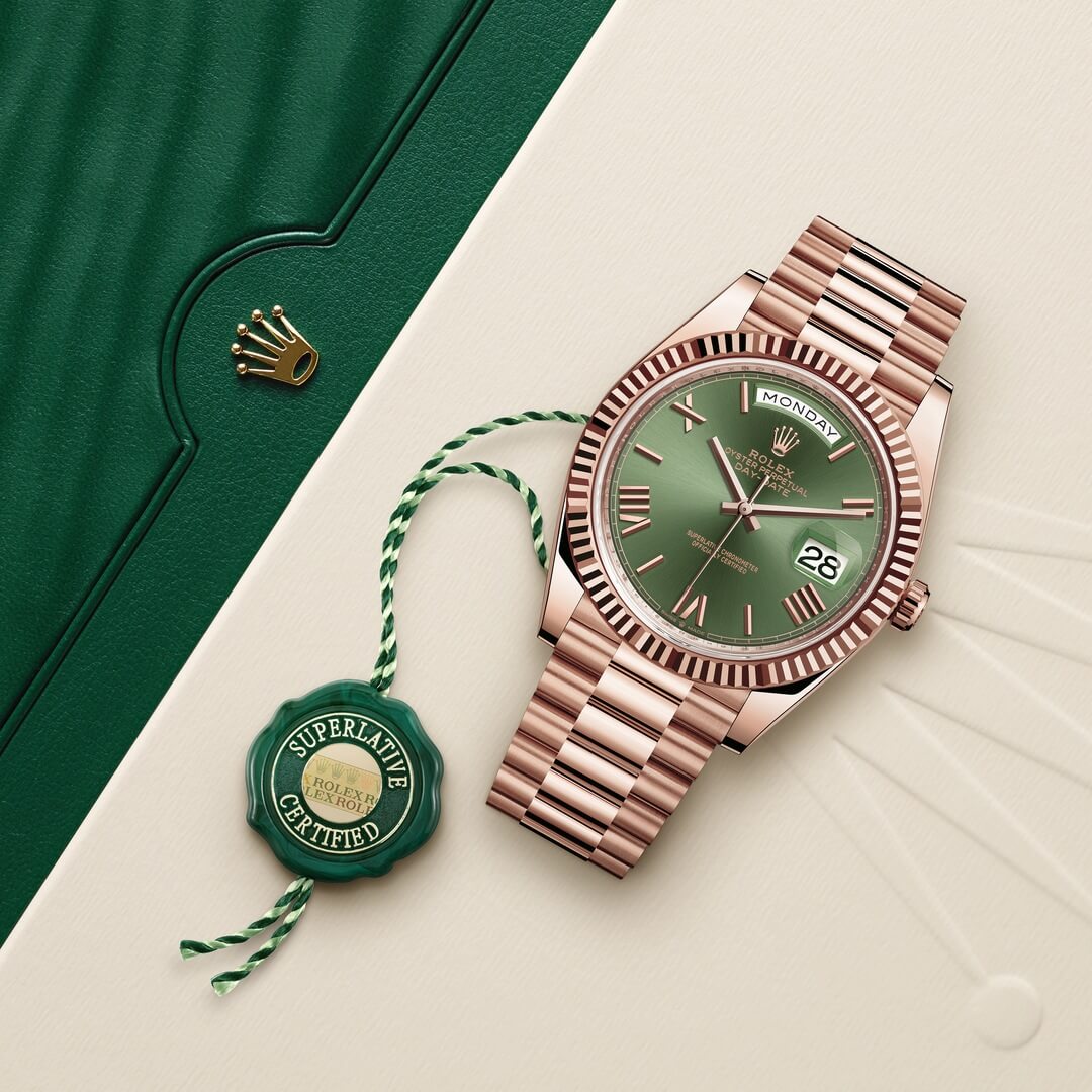 Rolex Day-Date men's mirror watch, green dial – view 2