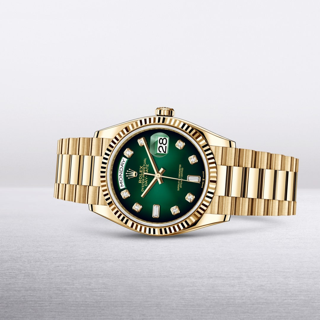 Rolex Day-Date men's mirror watch, green ombré stone-set dial – view 2
