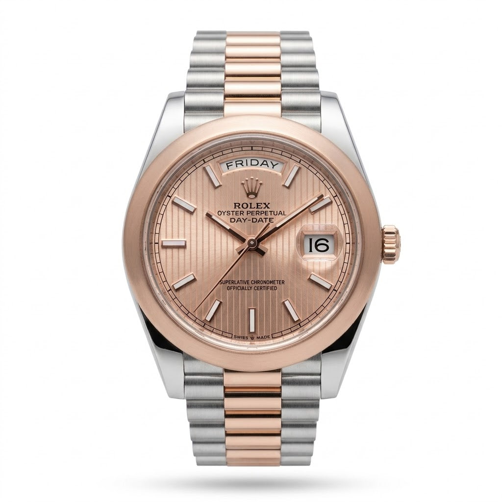 Rolex Day-Date 41mm men's mirror watch, rosé diagonal motif dial – view 2