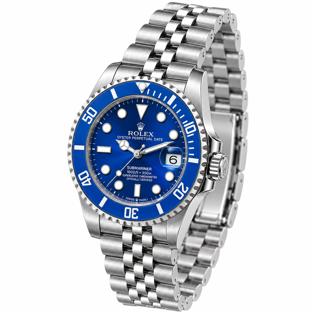 Rolex Submariner 36mm Unisex Mirror Automatic Watch – Blue Dial, Blue Bezel & Silver Stainless Steel Five-Link Bracelet