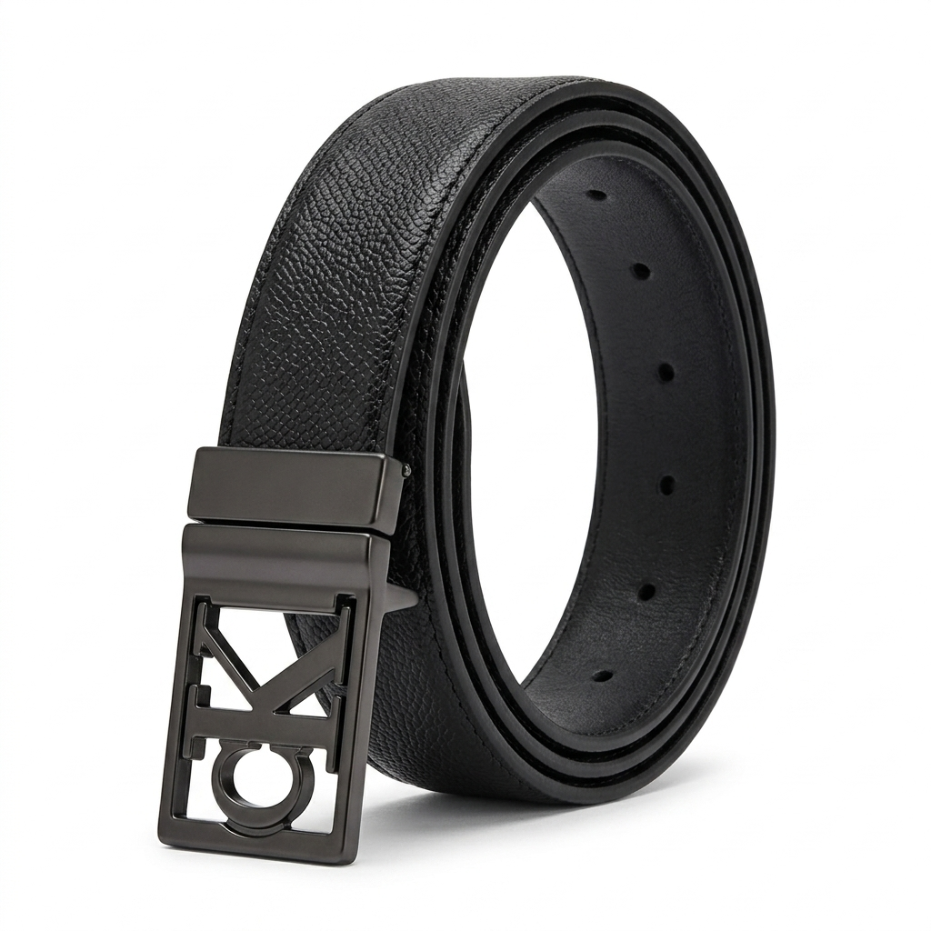 Calvin Klein Men's Mirror Original Black Leather Belt - Textured & Smooth Double-Sided Design