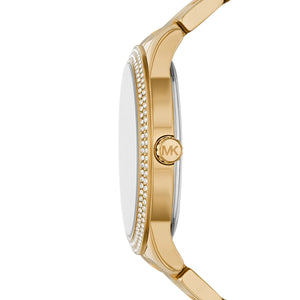 عرض جانبي لساعة Michael Kors MK6879 يوضح بريق الذهب وفصوص الكريستال