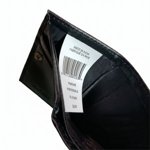 Black leather wallet with a visible brand label on a white background