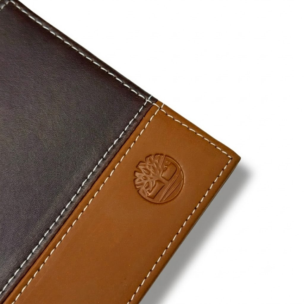 Timberland Men's Mirror Original Smooth Leather Two-Tone Bifold Wallet - Dark & Light Brown