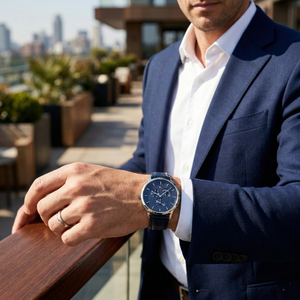 Man wearing Tommy Hilfiger Brad navy blue leather watch for a smart-casual and professional look.