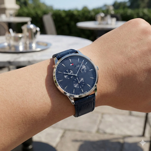Close up shot of Tommy Hilfiger 1710387 on wrist showing the navy blue dial and day/date sub-dials.
