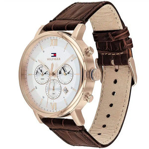 Left side perspective of the Tommy Hilfiger 1710394 cream dial and brown leather strap