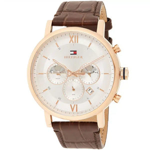 Tommy Hilfiger Evan 1710394 men's watch with rose gold case cream dial and brown leather strap