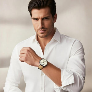Male model wearing Tommy Hilfiger 1710399 gunmetal watch with a vintage inspired outfit