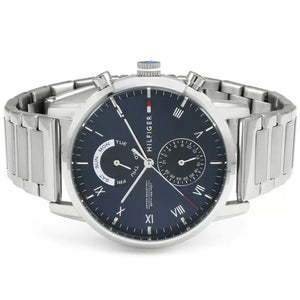 Angled view of the Tommy Hilfiger 1710401 highlighting the polished silver stainless steel case