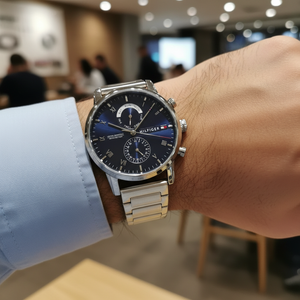 Close up shot of Tommy Hilfiger 1710401 watch on wrist showing the elegant roman numerals on blue dial