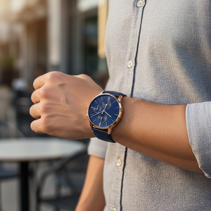 Close up shot of Tommy Hilfiger 1710405 on wrist showing the blue sunray dial and gold-tone hands
