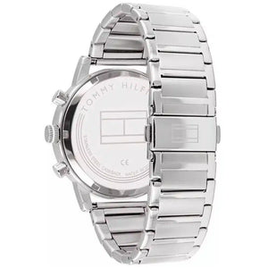 Left side perspective of the bold 44mm silver case on the Tommy Hilfiger Evan watch