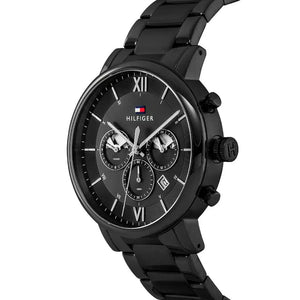 Angled view of the Tommy Hilfiger 1710410 highlighting the polished black ion-plated stainless steel case