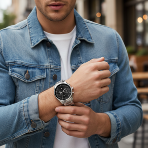 Male model wearing Tommy Hilfiger 1710419 silver watch with a smart casual outfit
