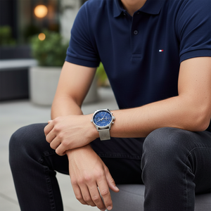 Male model wearing Tommy Hilfiger 1710420 silver mesh watch with a modern casual outfit