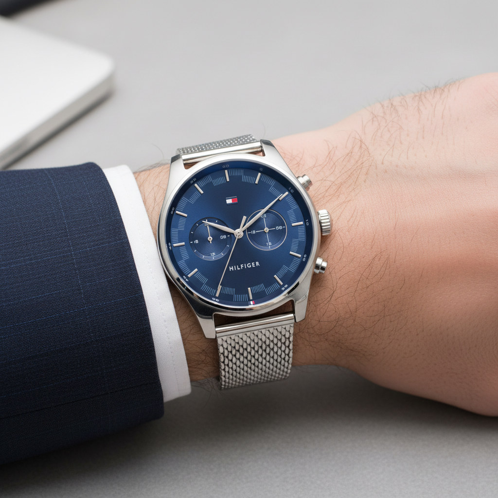 Close up shot of Tommy Hilfiger 1710420 watch on wrist showing the blue dual time dial