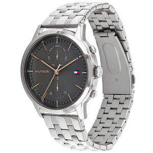 Angled view of the Tommy Hilfiger 1710431 highlighting the polished silver stainless steel case