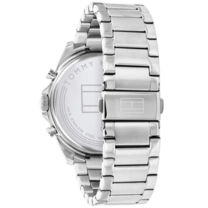 Left side perspective of the Tommy Hilfiger 1710448 blue dial and silver bracelet