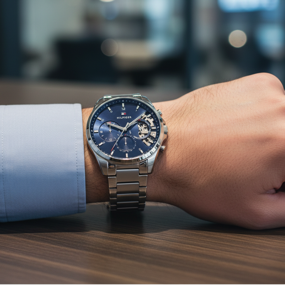 Close up shot of Tommy Hilfiger 1710448 watch on wrist showing the open heart gear mechanism