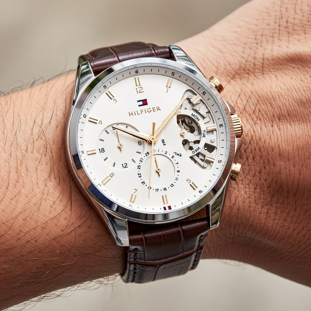 Close up shot of Tommy Hilfiger 1710450 watch on a man's wrist showing the white skeleton dial