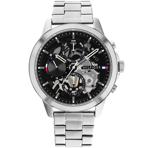 Tommy Hilfiger Henry 1710477 men's watch with silver case, skeleton dial, and stainless steel bracelet