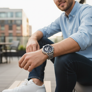 Male model wearing Tommy Hilfiger Henry 1710477 silver skeleton watch with a formal business outfit